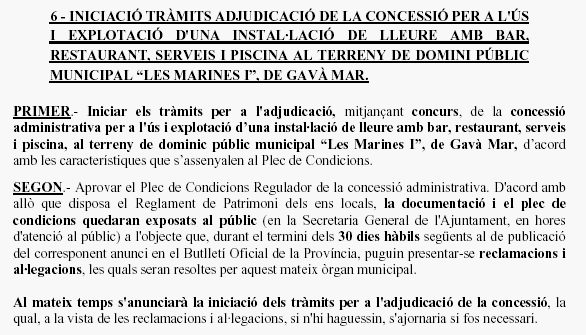 Extracte de l'Acta del Ple Municipal de l'Ajuntament de Gavà (30 d'Abril de 2008) on es va aprovar iniciar els tràmits d'adjudicació de la parcel·la pública de Gavà Mar que en aquell moment ocupava "La Taverna del Mar"